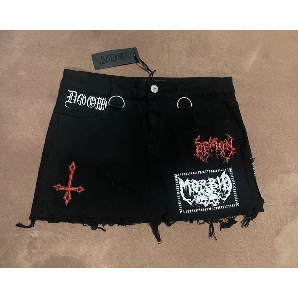 Dolls Kill Widow Noise Annoys Mini Black Denim Skirt Size M Punk Grunge Goth - Picture 10 of 13